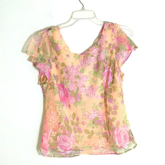 Studio I Waterfall Back Chiffon Top Wmn's 14P Yellow Floral Split Cap Sleeve Y2K - Picture 4 of 16